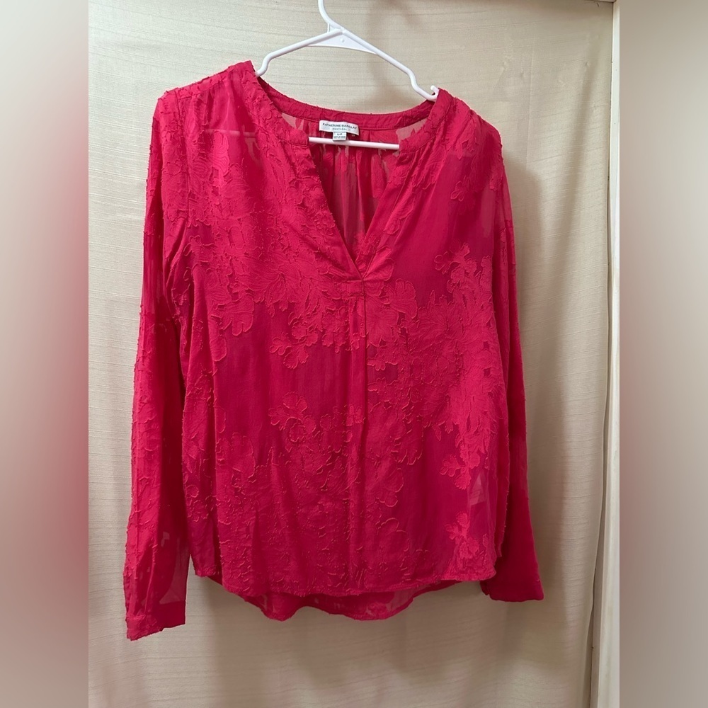 Katherine Barclay Sheer Silk Blend Pink Floral Textured Blouse Small